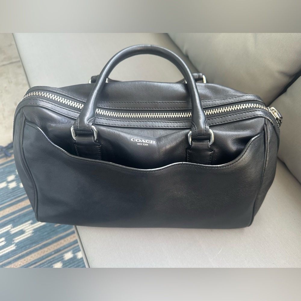 Coach Black Leather Satchel with Silver Zipper
